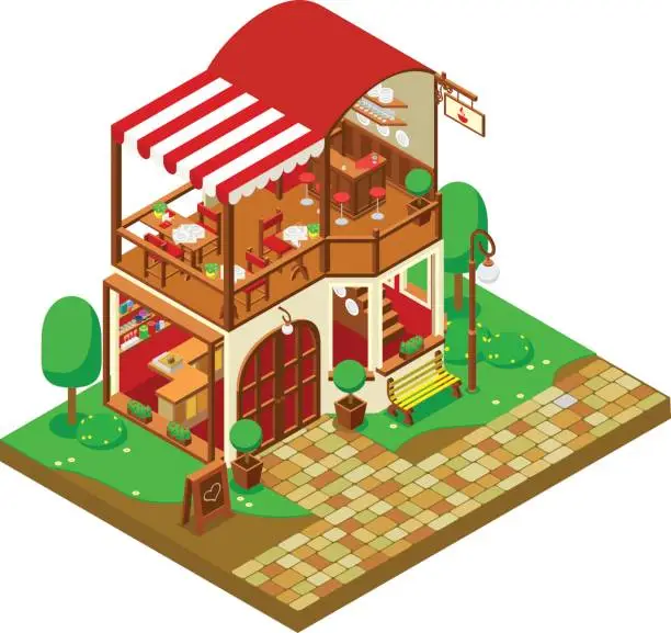 Vector illustration of isometric coffee shop with furniture and trees isolated