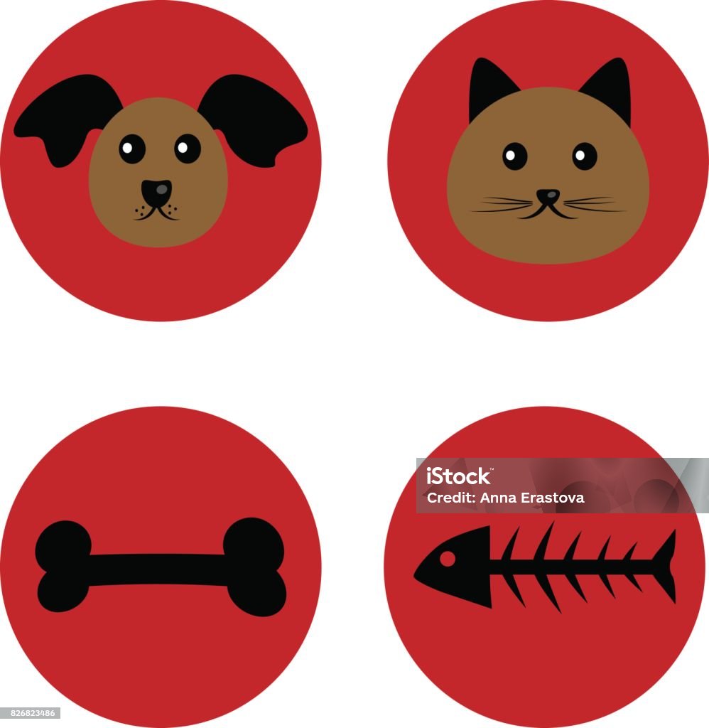Muzzle Of A Dog And A Cat And A Treat Bone And Fish Skeleton The Individual  Elements On A Red Background Stock Illustration - Download Image Now -  iStock