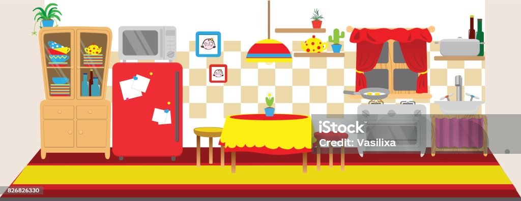 Dolls Kitchen Interior Horizontal Back Banner Children Playing Vector