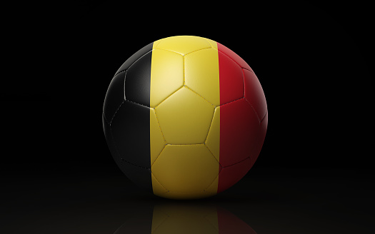 Photorealistic 3d render of a soccer ball textured with Belgian flag on black background. Soccer ball is lit by the upper left corner of the composition and casting shadows and reflections on black ground. Horizontal composition with copy space. Clipping path is included.