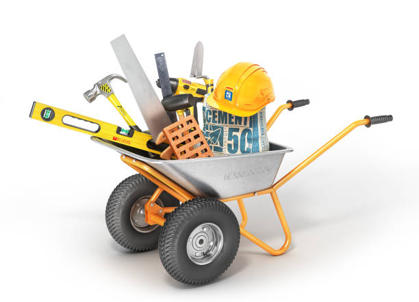 Construction concept. Construction tools in the wheelbarrow isolated on a white. 3d illustration Construction concept. Construction tools in the wheelbarrow isolated on a white. 3d illustration material stock pictures, royalty-free photos & images