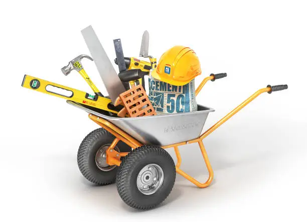 Photo of Construction concept. Construction tools in the wheelbarrow isolated on a white. 3d illustration
