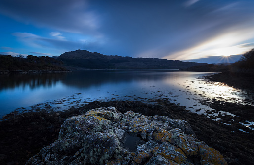 Sunset over Loch Sunart in the Scottish Highlands.