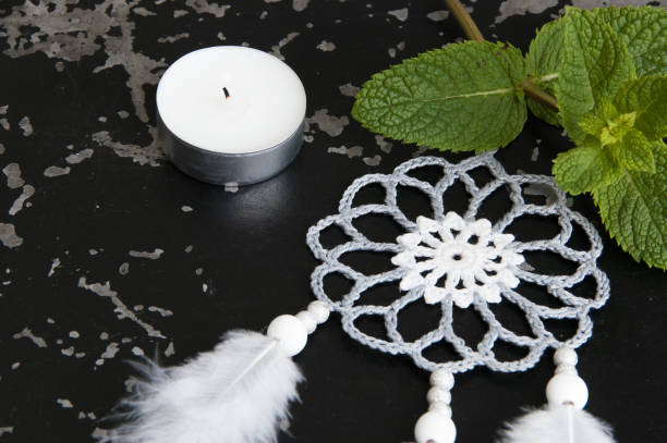 Gray white crochet doily dream catcher