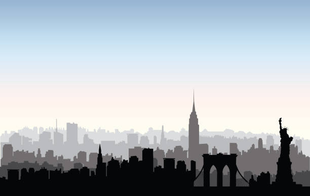 New York City buildings silhouette. American urban landscape. New-York cityscape with landmarks. Travel USA skyline background. New York, USA skyline. NYC city silhouette with Liberty monument. American landmarks. Urban architectural landscape. Cityscape with famous buildings new york skyline drawing stock illustrations