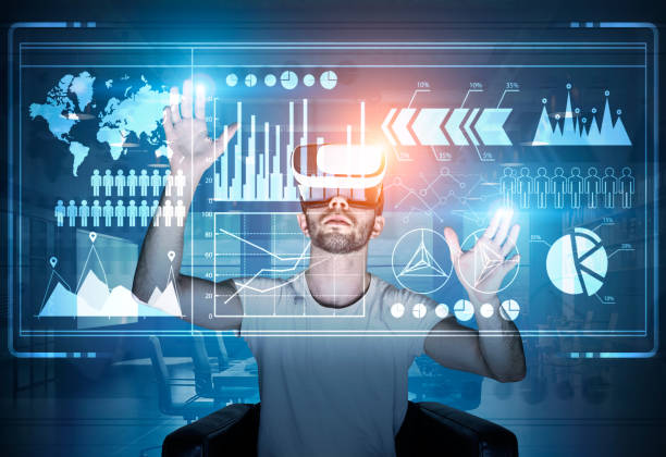 istock Man in vr glasses and shining graphs 826855156