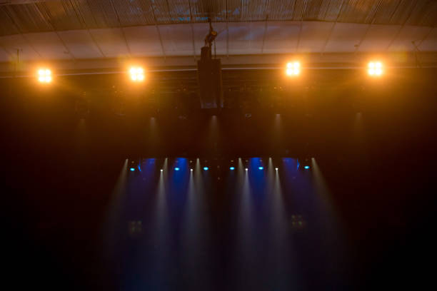istock scene, stage light with colored spotlights and smoke 826862354