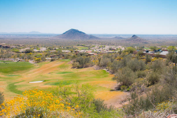 Top view of golf course  in desert landscape, Arizona, USA.