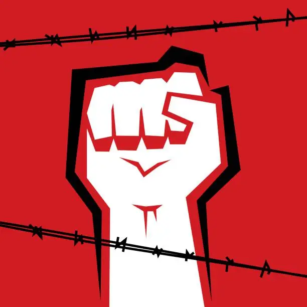 Vector illustration of Fist Behind Barbed Wire