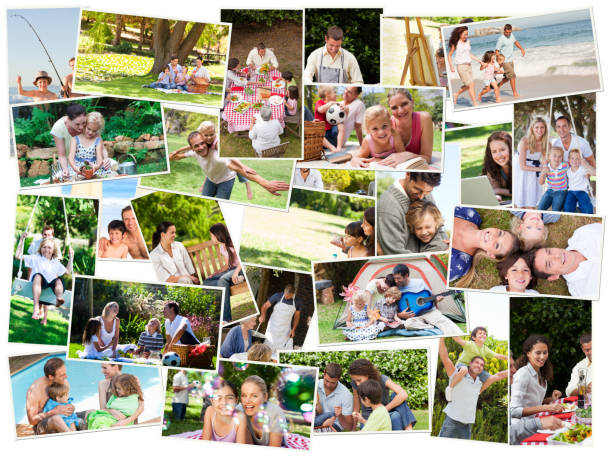 Collage of cute families having fun Collage of cute families having fun outdoors leisure activity photos stock pictures, royalty-free photos & images