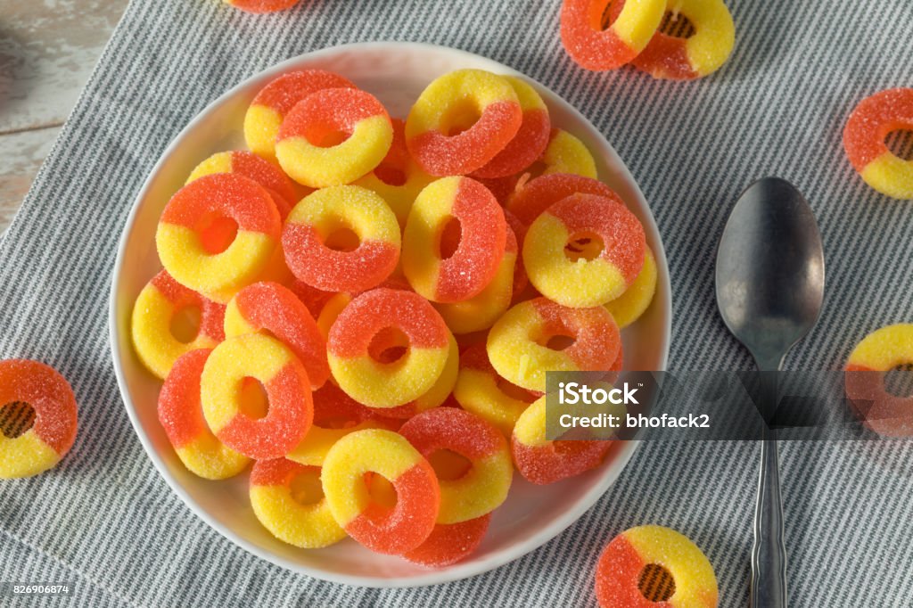 Sweet Sugary Peach Gummy Candy Rings Sweet Sugary Peach Gummy Candy Rings Ready to Eat Gummy Candy Stock Photo