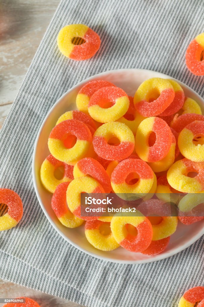 Sweet Sugary Peach Gummy Candy Rings Sweet Sugary Peach Gummy Candy Rings Ready to Eat Candy Stock Photo