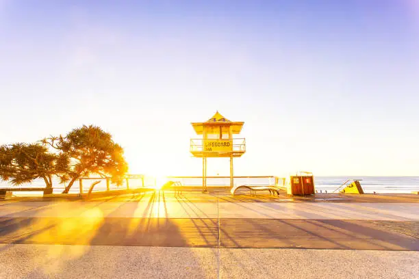 Surfers Paradise lifeguard tower at sunrise on Queensland's Gold Coast in Australia
