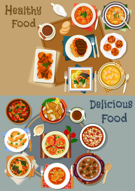 포르투갈 요리 요리 아이콘 메뉴 디자인에 대 한 설정 - sweet chili stock illustrations