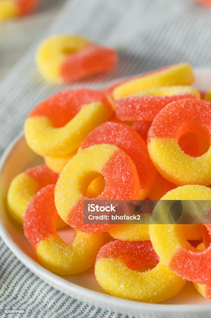 Sweet Sugary Peach Gummy Candy Rings Sweet Sugary Peach Gummy Candy Rings Ready to Eat Gummy Candy Stock Photo