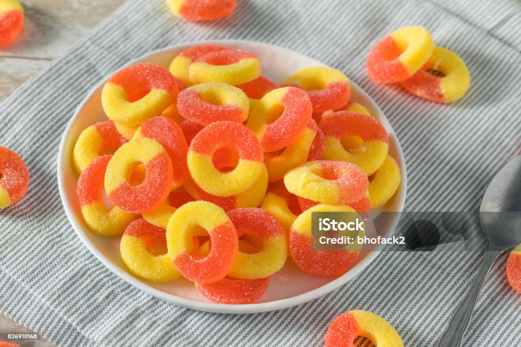 Sweet Sugary Peach Gummy Candy Rings Sweet Sugary Peach Gummy Candy Rings Ready to Eat Ring - Jewelry Stock Photo