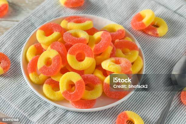 Sweet Sugary Peach Gummy Candy Rings Stock Photo - Download Image Now - Ring - Jewelry, Candy, Peach
