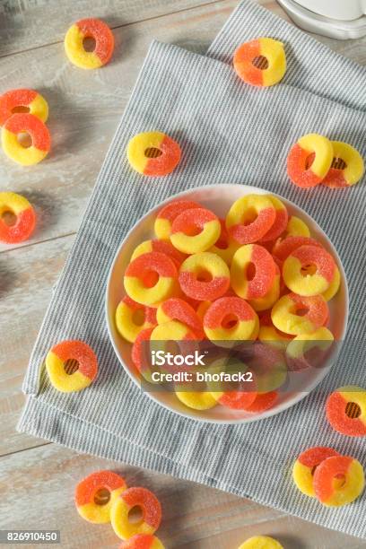 Sweet Sugary Peach Gummy Candy Rings Stock Photo - Download Image Now - Peach, Ring - Jewelry, Candy