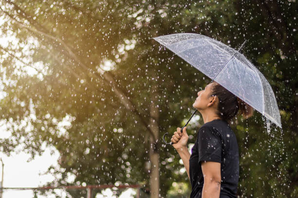 asiatische frau unter einem regenschirm im regen. - 2322 stock-fotos und bilder