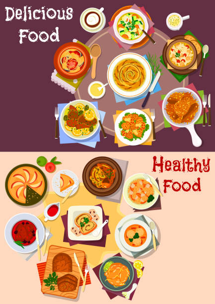 Baked meat and veggies dish with dessert icon set Baked dishes with dessert icon set of chicken and pork baked with potato and olive, beef and vegetable stew, noodle and dumpling soup, meatball, chicken rice, cream cheese and apple pie apple pie cheese stock illustrations