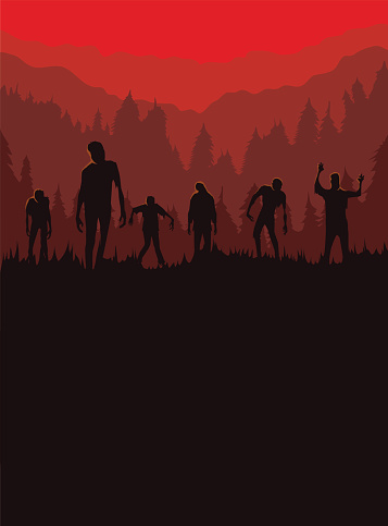 Silhouette of Zombie horde was exiting out of the graveyard at night. Ideal for Halloween theme poster and other.