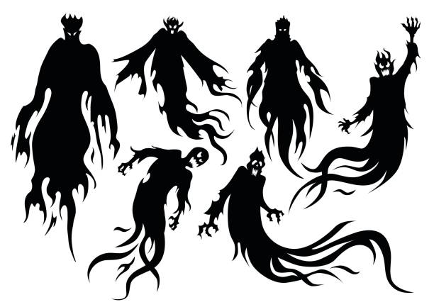 Silhouette of flying evil spirit in vector style collection. Silhouette of flying evil spirit in vector style collection. Graphic resource about ghost and fantasy. demon fictional character stock illustrations