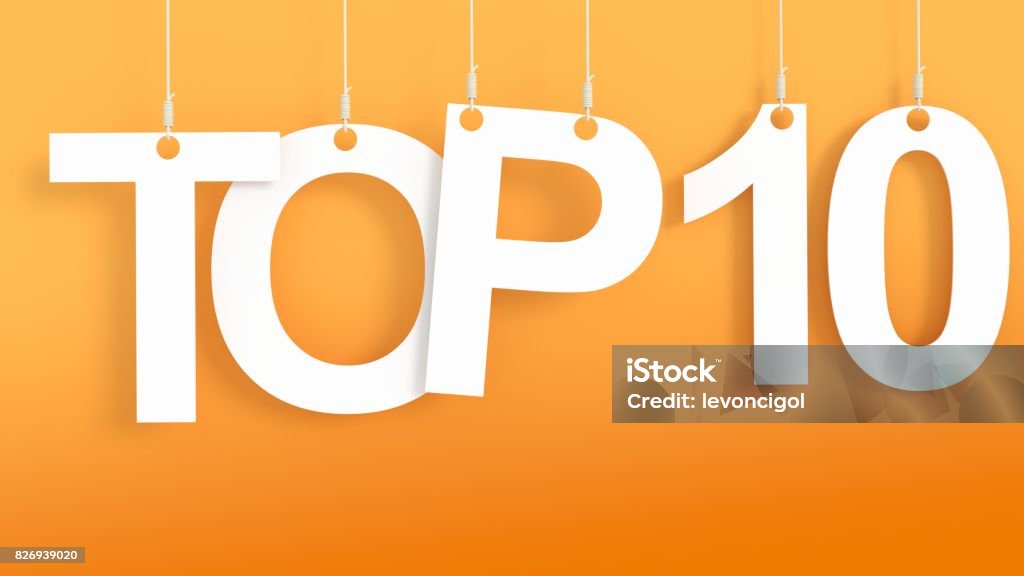 Top 10 Top 10 hanging letters over orange background Number 10 stock illustration