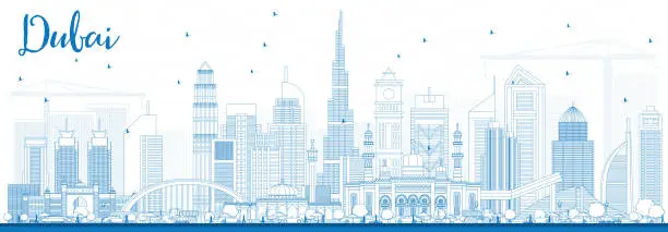 Vector illustration of Outline Dubai UAE Skyline with Blue Buildings.