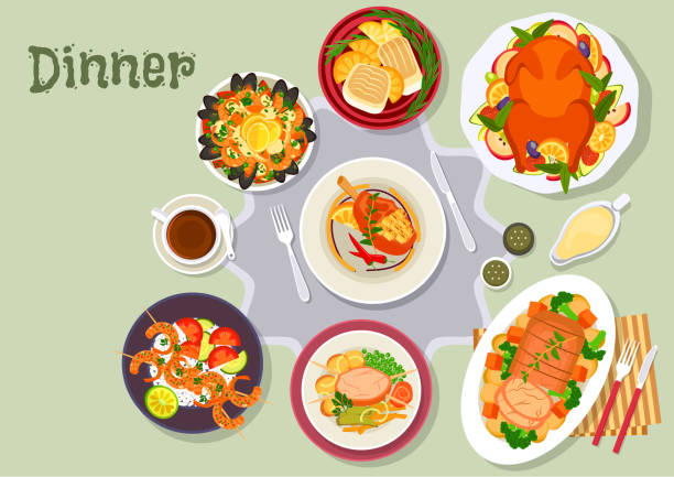 ilustrações, clipart, desenhos animados e ícones de ícone de jantar de natal para o design do menu festivo - pork chop illustrations