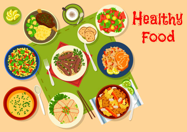 ikona zdrowych dań obiadowych do projektowania żywności - schnitzel food directly above plate stock illustrations