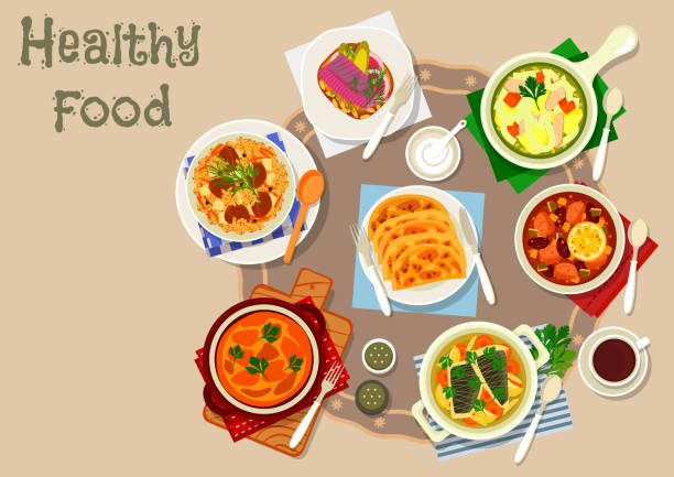 Tatar cuisine traditional meat and fish dish icon Tatar cuisine traditional dishes icon with lamb rice pilaf, chicken noodle soup, sour soup with meat and pickles, fish soup, fried potato patty, baked omelette, herring sandwich soup and sandwich stock illustrations