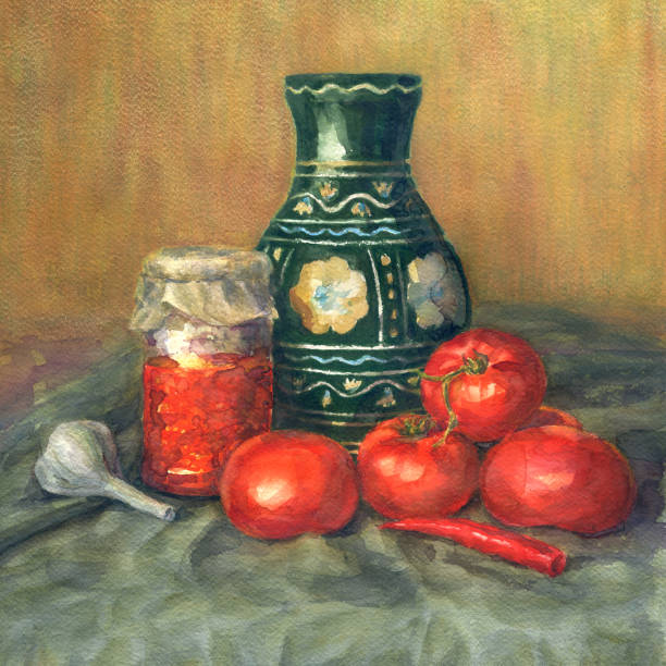 Realistic watercolor painting. Tomatoes, jar and spice.