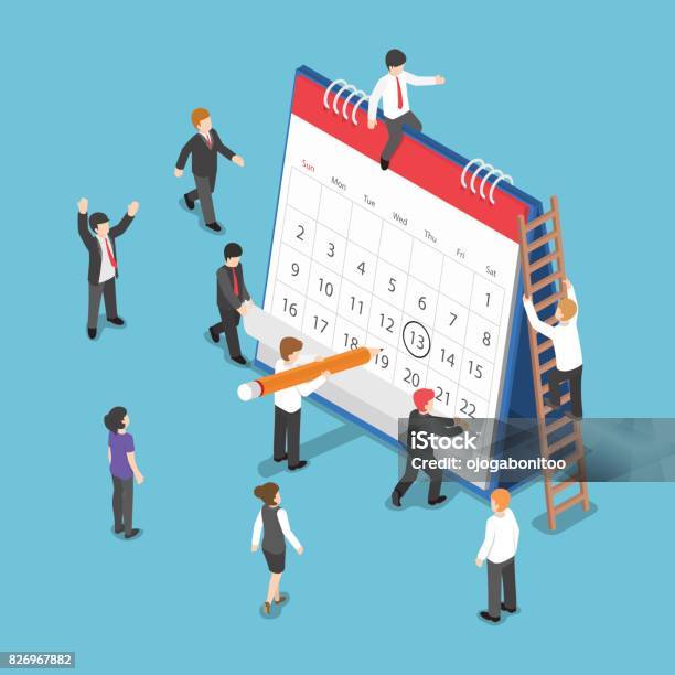 Isometric Business People Scheduling Operation On Desk Calendar Stock Illustration - Download Image Now