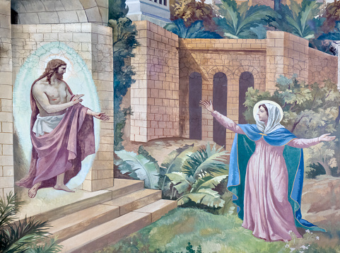 Rome, Italy - Church of S. Maria Immacolata and S. Giovanni Berchmans: Jesus resurrected appears to Mary of Magdala. Fresco painted by Mario Prayer (1887-1959). He was an Italian painter, mainly of frescoes for churches or large halls.