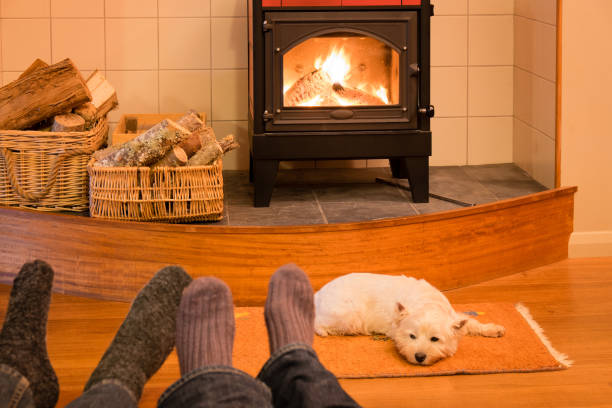 Socks and feet of a couple relaxing by fire with west highland terrier dog Socks and feet of a couple relaxing by fire in woodburner with west highland terrier - focus is on dog and stove wood burning stove stock pictures, royalty-free photos & images