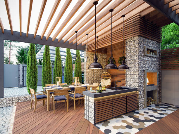 istock Gazebo with kitchen in the yard. 3d illustration 826974050
