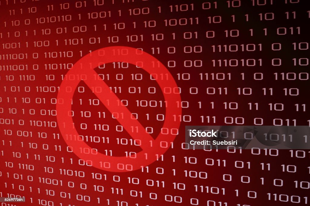 Red Binary Computer Code Ransom Screen Background With Stop Symbol Sign ...