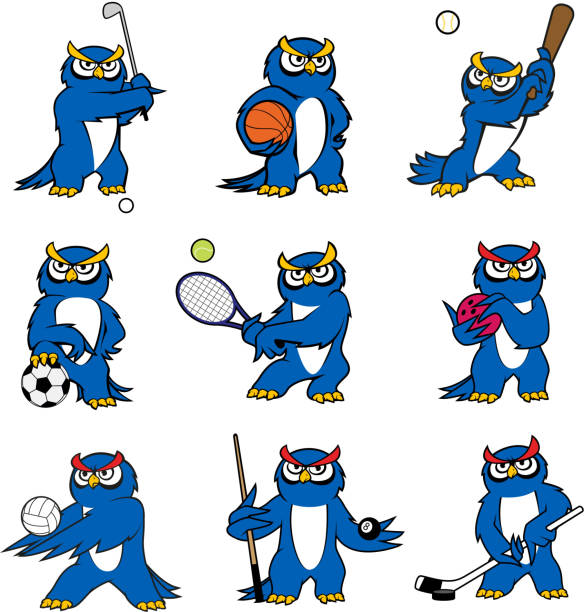 Cartoon owl play sports vector mascot icons Cartoon owl vector icons of kid pet funny mascot character. Bird playing sport games rugby ball or football soccer and basketball, baseball bat, tennis racket and billiards cue or golf club and hockey ice hockey league stock illustrations