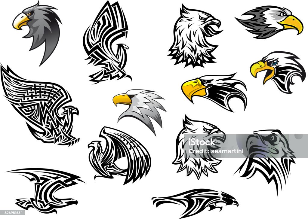 Vector icons eagle hawk bird for mascot or tattoo Eagle or hawk vector icons for mascot or tattoo. Isolated heraldic symbols set of outline griffin eagle or falcon head with open beak for sport team badge, army or military shield Cut Out stock vector