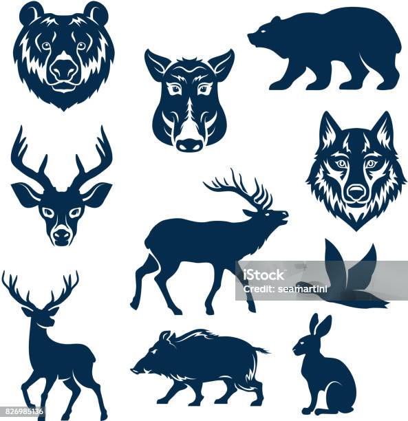 Vector Icons Of Wild Animals And Birds For Hunting Stock Illustration - Download Image Now - Deer, Icon Symbol, Wolf