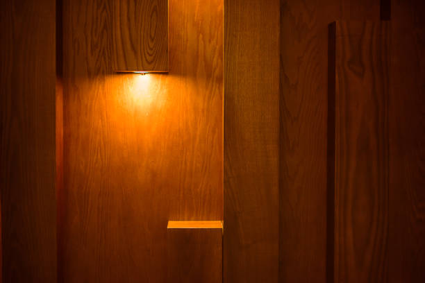 Planks brown wooden panel wall with two dimming downlight lights from top background texture
