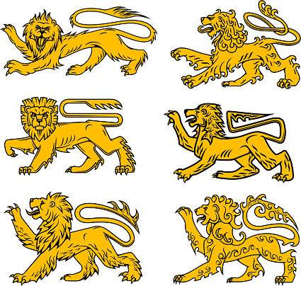Lion heraldic animal isolated icon set. Golden lion passant profile with right foot and tail raised. Medieval royal heraldry symbol, tattoo, coat of arms and mascot design
