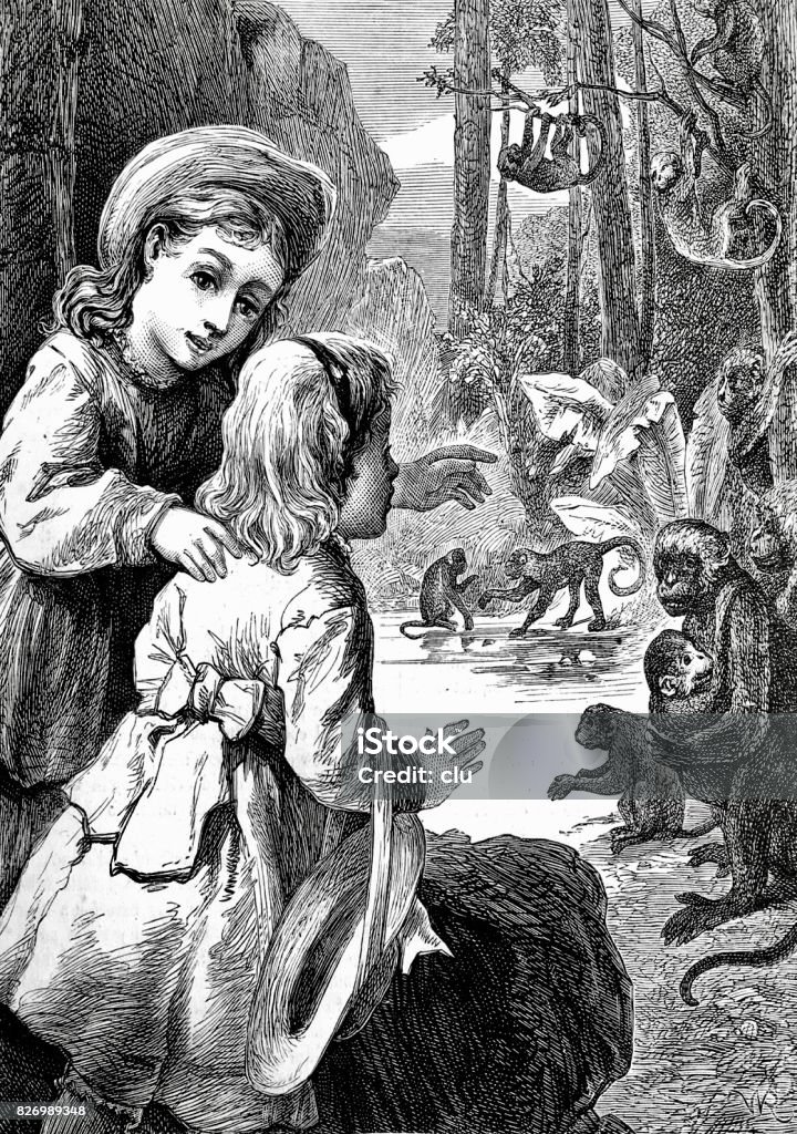 Girls looking into the pool of the suphur ravine, surrounded by monkeys Illustration from 19th century 16th Century stock illustration