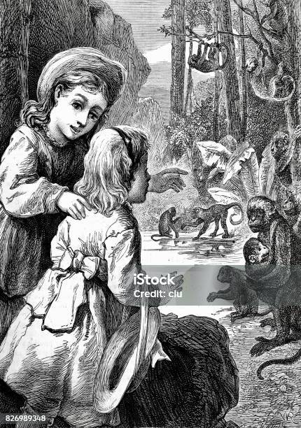 Girls Looking Into The Pool Of The Suphur Ravine Surrounded By Monkeys Stock Illustration - Download Image Now