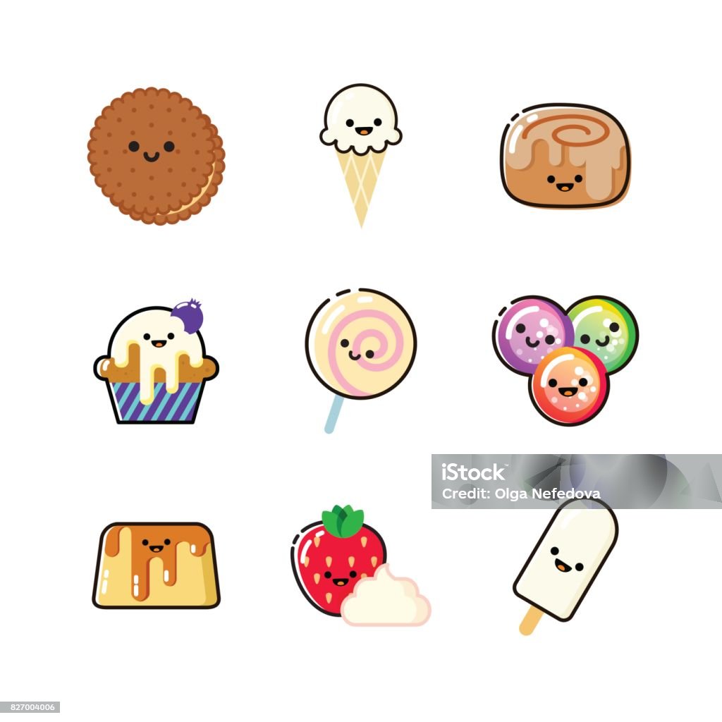 Funny Dessert Icon Collection With Faces Stock Illustration - Download  Image Now - Cartoon, Cinnamon Bun, Characters - iStock