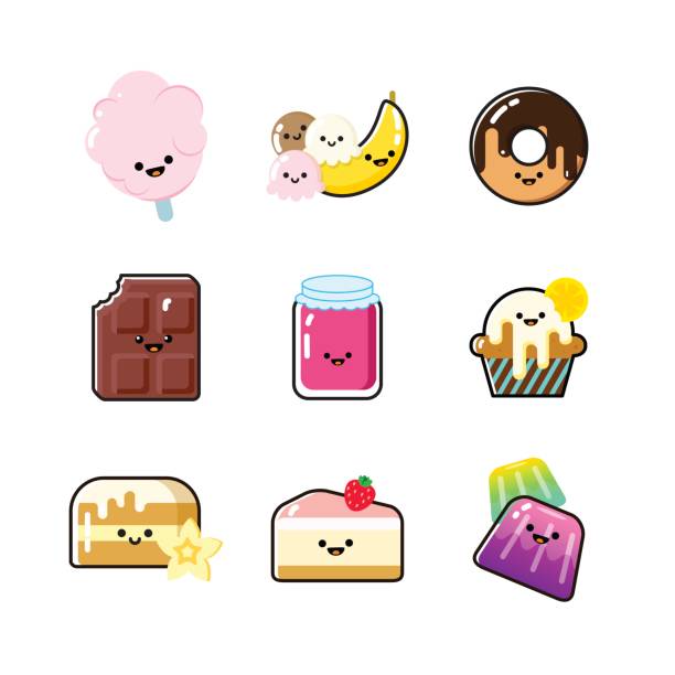 ilustraciones, imágenes clip art, dibujos animados e iconos de stock de colección de iconos de postre divertido con caras - muffin blueberry muffin cake pastry