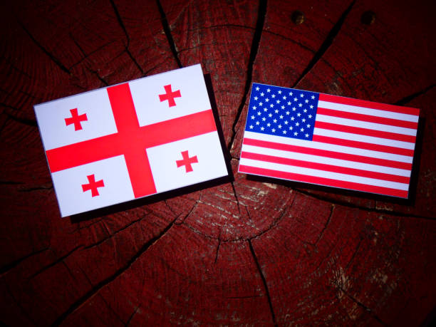 istock Georgian flag with USA flag on a tree stump isolated 827007422