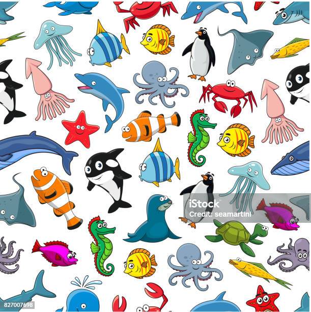 Sea Fishes Animals Cartoon Vector Seamless Pattern Stock Illustration -  Download Image Now - Cartoon, Sea Life, Clown Fish - iStock