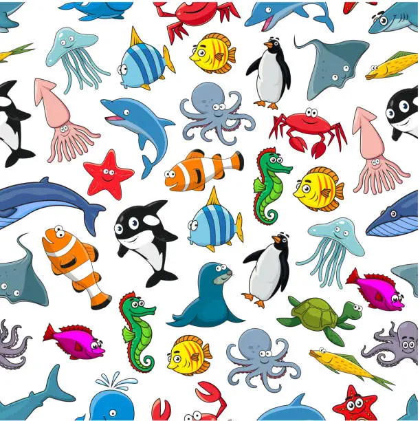 Vector illustration of Sea fishes animals cartoon vector seamless pattern