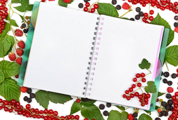 istock book on the background of currant berries, blackberries and raspberries. 827007706